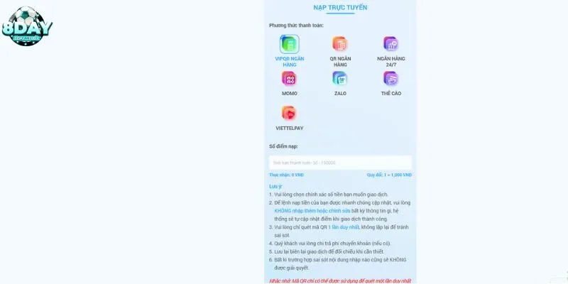 Nạp rút tiền tại 8Day